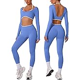 ABOCIW Workout Sets for Women Long Sleeve Crop Top Scrunch Butt Lifting High Waist Leggings 2 Piece Gym Yoga Outfits