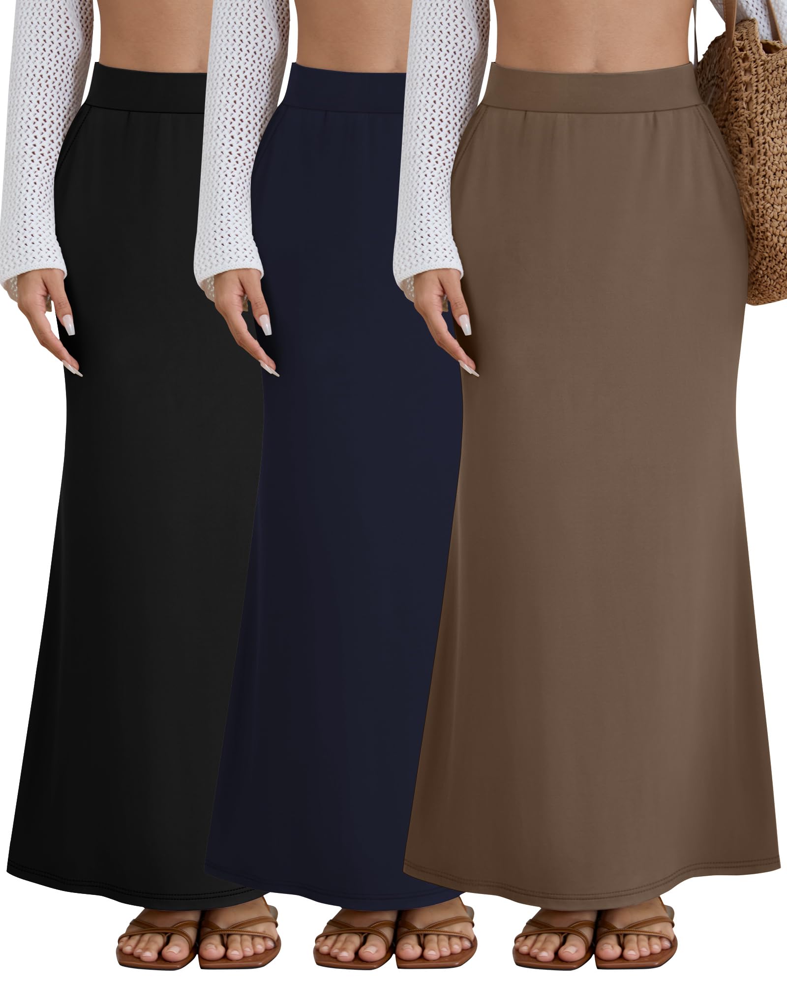 Photo 1 of Riyiper 3 Pack Women's Maxi Skirts with Pockets Flowy Elastic High Waist Ankle Length Cotton Long Comfy Casual Dress Fall(Black, Navy Blue, Brown,Large)