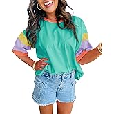 miduo Womens Casual Loose Fit Color Block Stitching Short Sleeve Crew Neck Top T Shirts