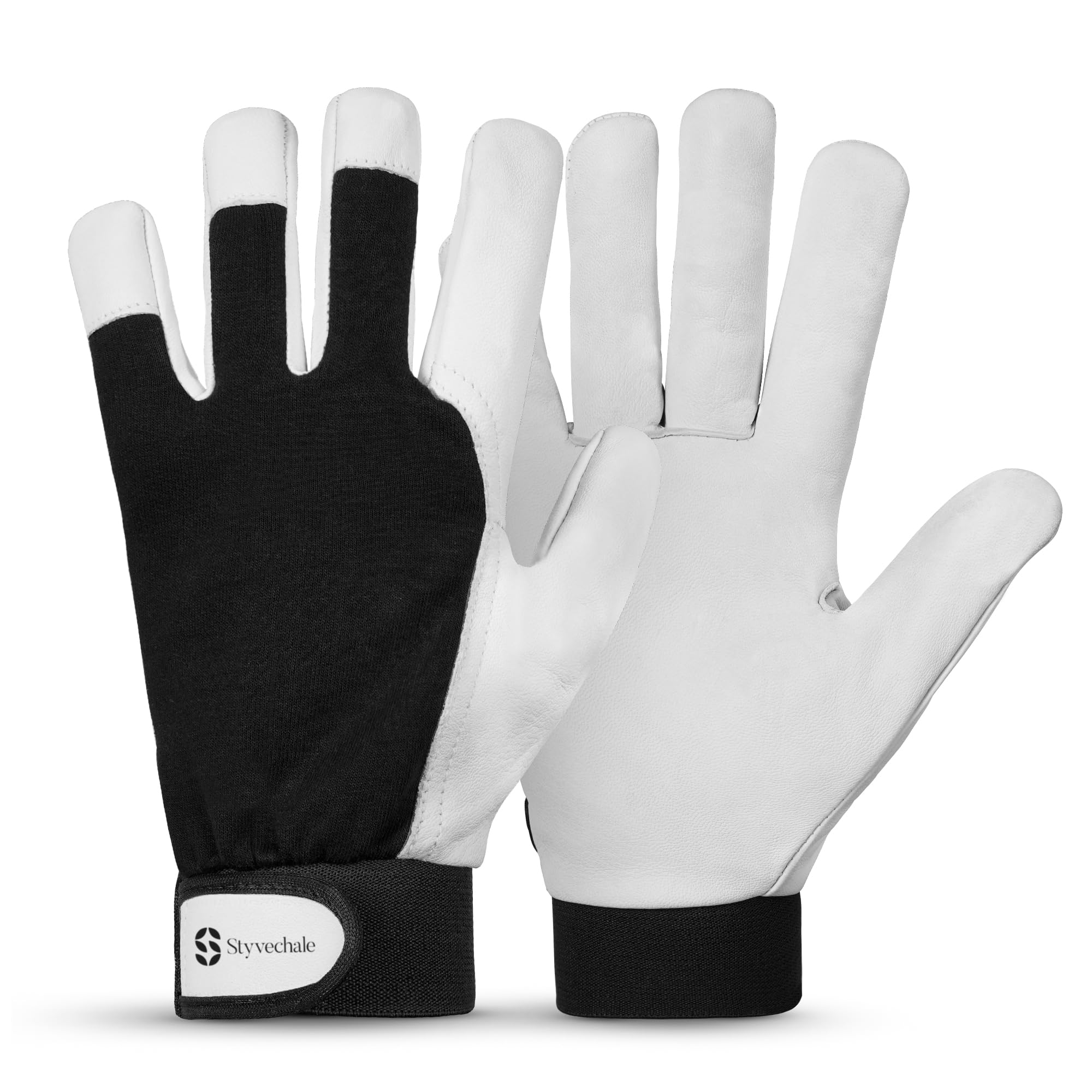 Gardening Gloves for Men & Women, Leather Palm & Breathable Spandex Back, Thorn-Proof Gardening Gloves, Multipurpose Safety Gloves for Mechanics, Warehouse, Driving, Digging, Landscaping (Black, L)