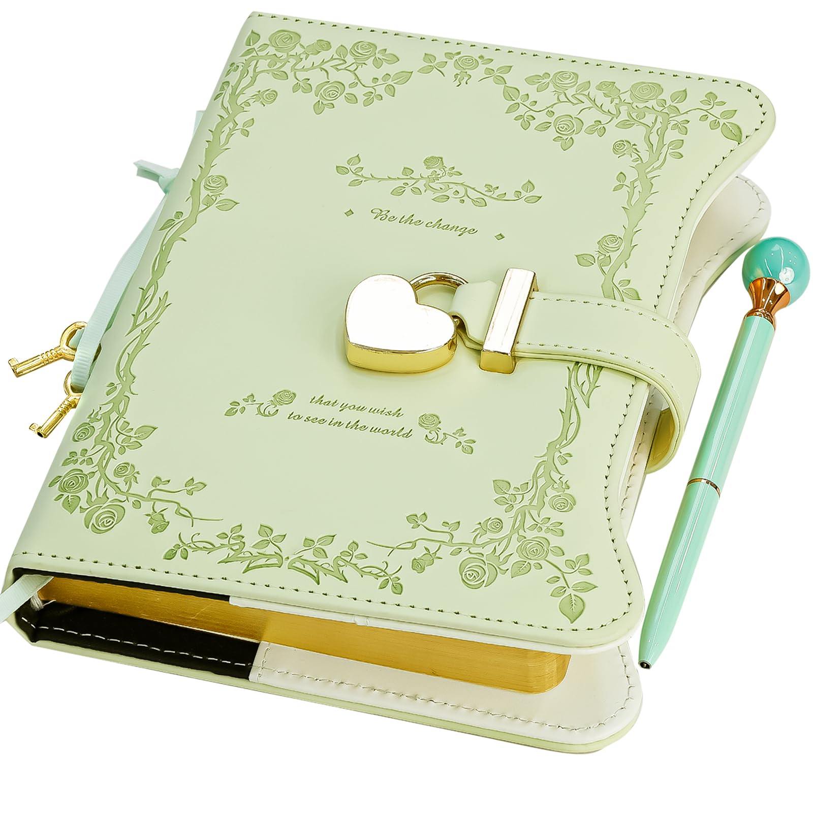 Photo 1 of Hoci Poci Diary with Lock and Keys for Girls Gift Ideas, 360 Gold Edged Pages Journal for Women, B6 Refillable Notebook for Writing with Pen and Bookmark (Garden Matcha)