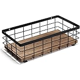 TJ.MOREE Small Metal Wire Basket, Decorative Wood Base Organizer for Bathroom, Kitchen, Basket for Toilet Paper Storage, Sugar Packet, Coffee Syrup, Guest Towel, Napkin
