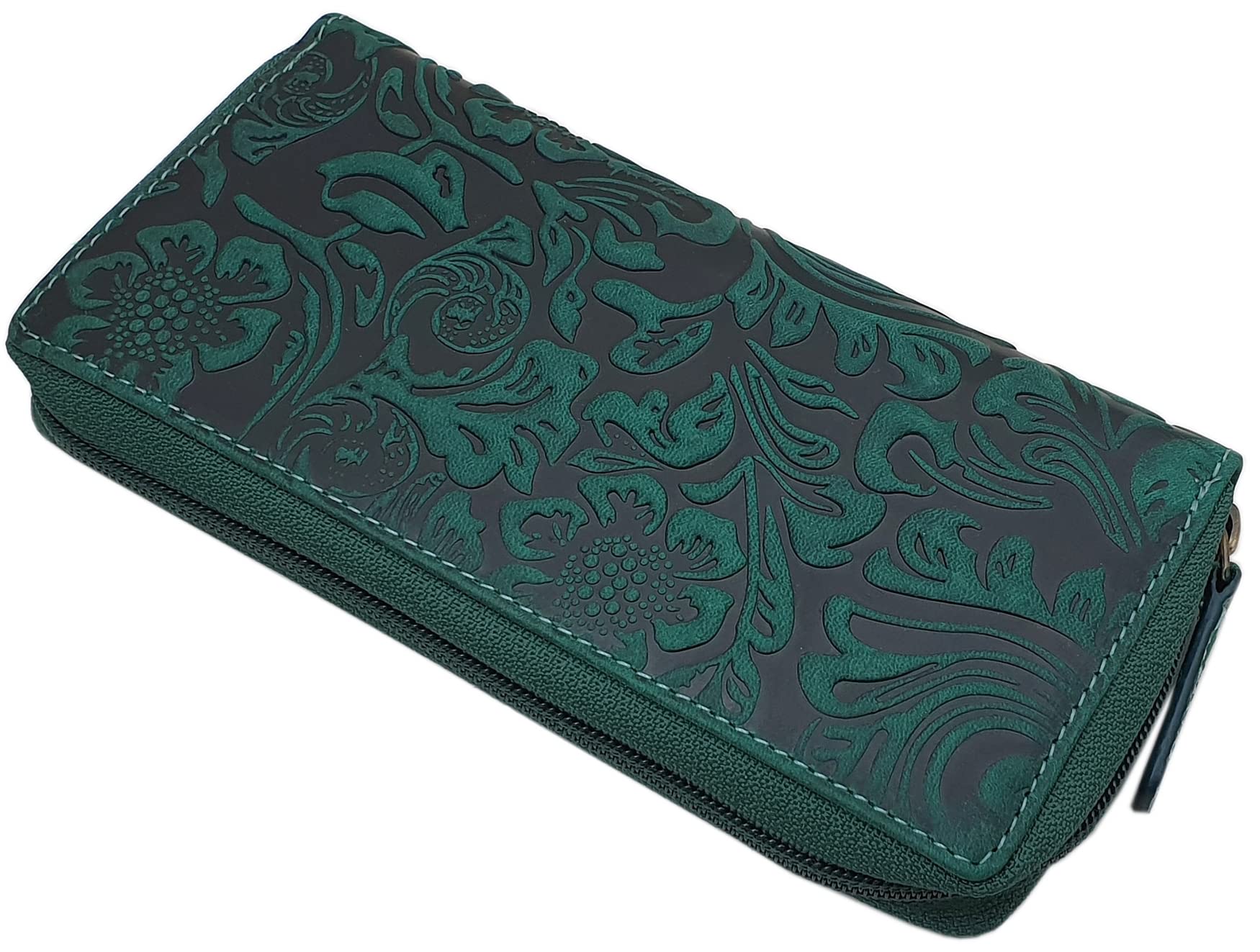 myledershop Large Leather Womens Purse with Beautiful Liana Pattern with Zipper with RFID & NFC Blocking (Petrol)