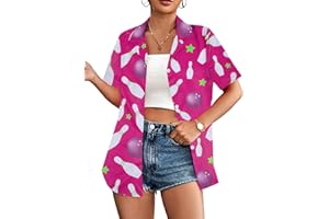 LOTUCY Bowling Shirts for Women Hawaiian Bowler Short Sleeve Button Up Shirt Casual Beach Summer Tee