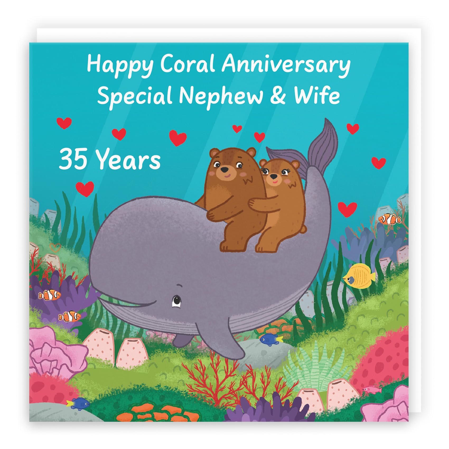 Hunts England - Nephew And Wife 35th Anniversary Card - Coral Anniversary - 35 Years - Cute Fun Bears Card - Love Story Collection