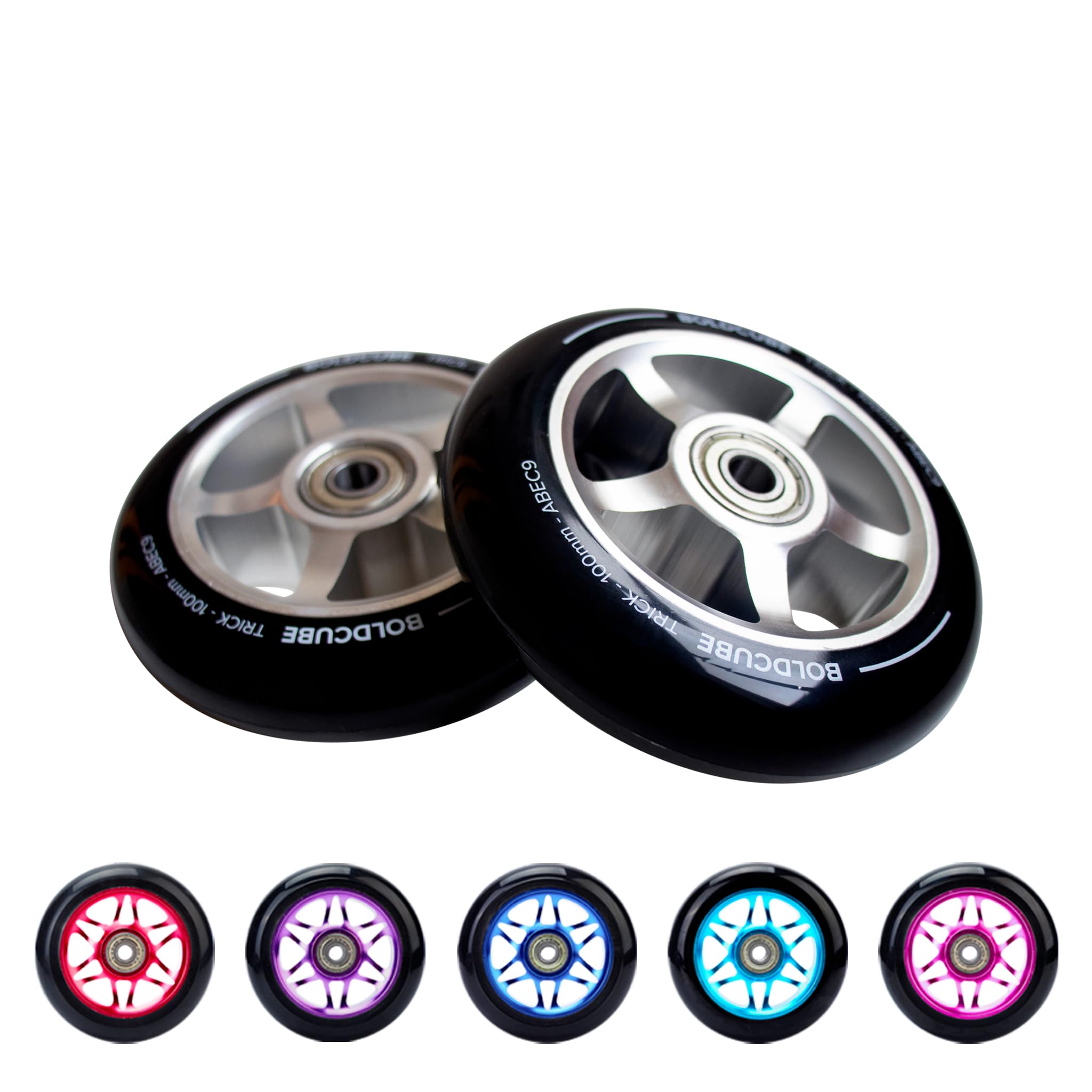 BOLDCUBE Stunt Scooter Wheels 100mm Pair - Pro Stunt Wheels Alloy Core - ABEC9 Bearings (Star: Silver/Black, 2 Wheels)
