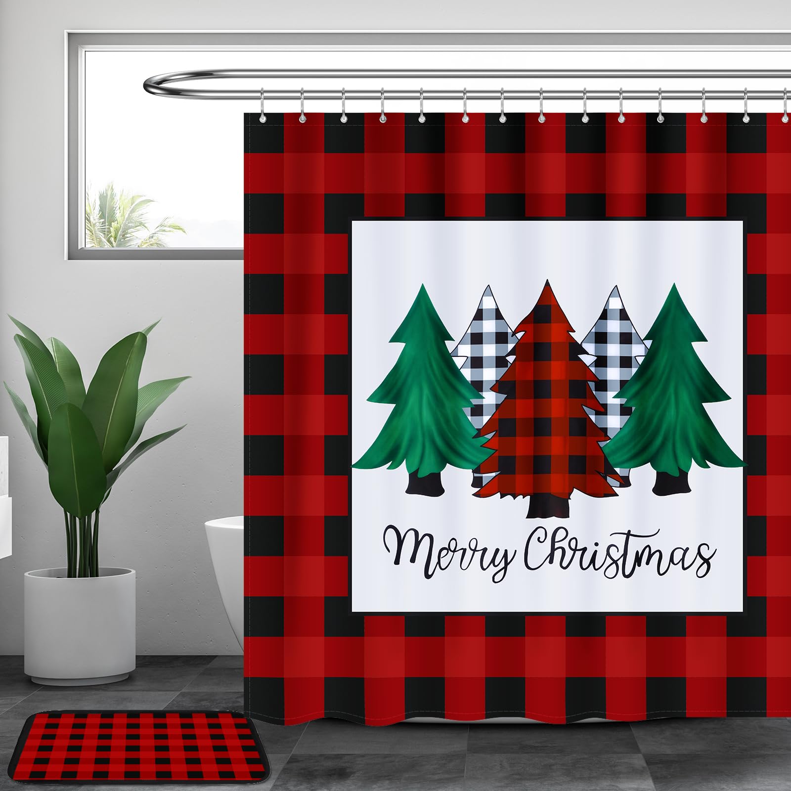 Tatuo Christmas Shower Curtain 72 x 72 Inch Buffalo Check Plaid Shower Curtain 16 x 24 Inch Check Door Mat Buffalo Plaid Rug and 12 Pieces Plastic Rings for Bathroom Decor(Red-Black)