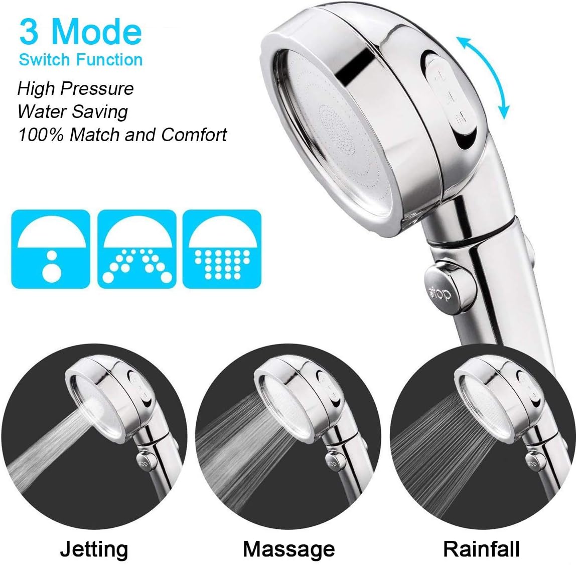 Megade Shower Heads, on Off Shower Head, 3 Mode High Pressure Handheld Shower Head with Spray Rainfall Massage Jetting, High Power Shower Head Set Detachable, Bathroom Showerhead Functional - Image 3