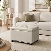 Decent Home Ottoman with Storage Fabric Ottoman Foot Rest with Hinged Lid | 24" Small Rectangle Upholstered Button Tufted Foot Stools Ottomans for Bedroom Living Room Entryway Beige-gray