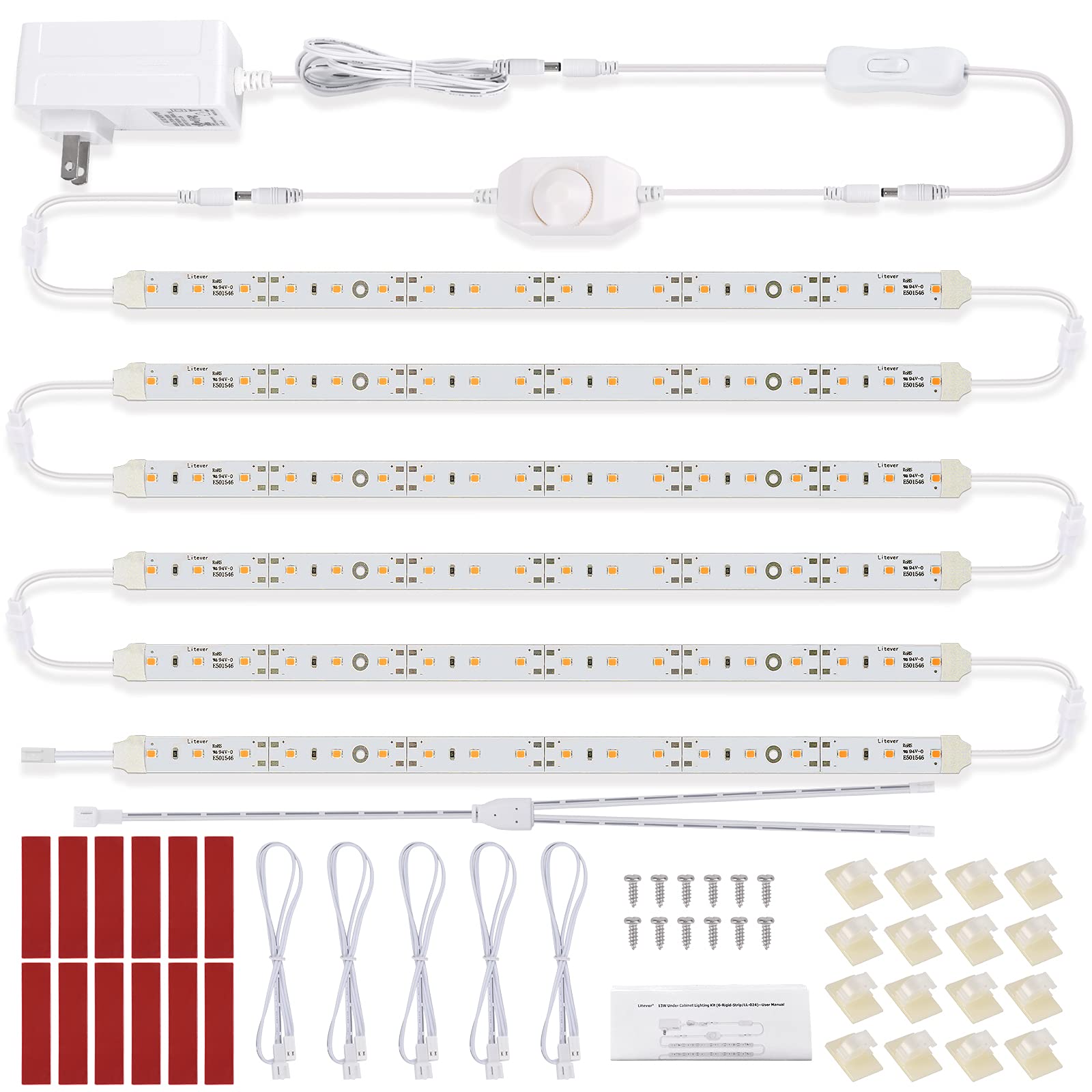 Photo 1 of Under Cabinet LED Lighting Kit for Kitchen Cabinet Counters Shelf Closet. 6 PCS 12 Inches Light Strip with Adapter Switch Dimmer Extension Cable. Plug in. Dimmable. 1500 Lumen. Warm White 2700K