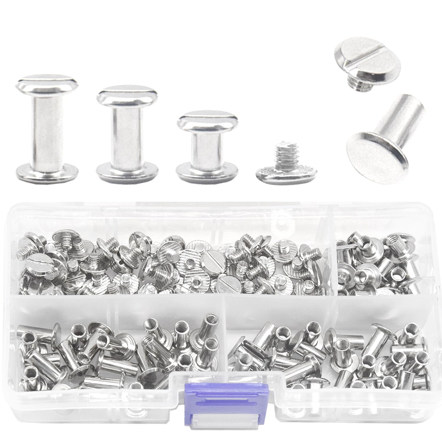 Hocansen 150 PCS/75 Set Chicago Screws for Leather M5x6/10/12mm Flat Head Screw Rivets Binding Screw Metal Studs Rivet for Craft (ZBD/Silver)