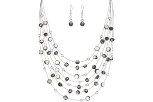ERRALLY Multi-Layer Boho Shell Beaded Necklace for Women Colorful Crystal Strand with Silver Beads Statement Collars Necklace and Earrings Costumes Jewelry Sets for Women
