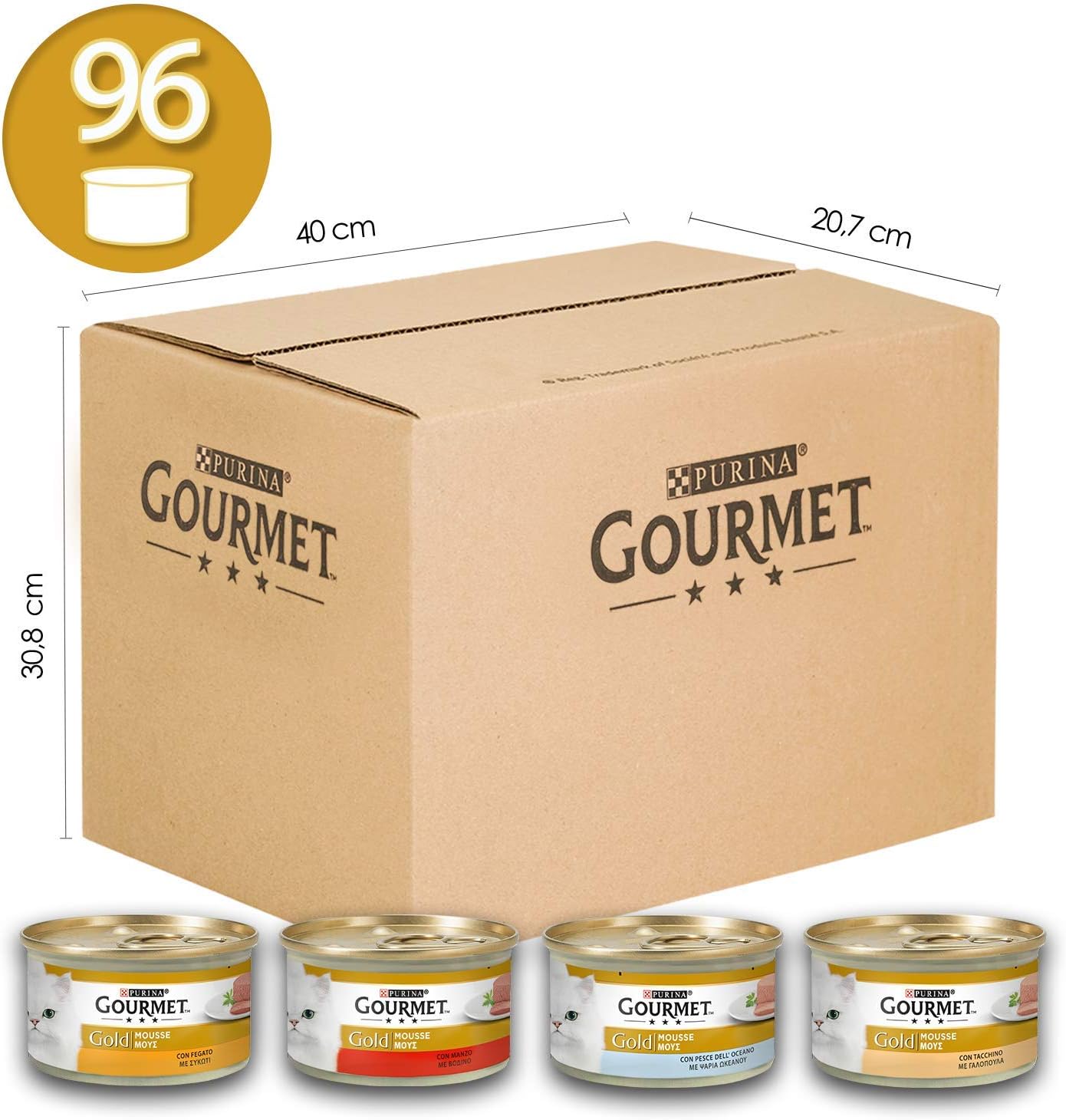 Purina Gourmet Gold Mousse Wet Food for Cats with Beef Ocean Fish, Turkey, Liver, 96 Cans of 85 g, Beef, Ocean Fish