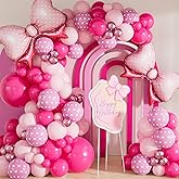 Pink Mouse Balloon Garland Arch Kit – 124 Pcs Hot Pink, Pastel and Polka Dot Balloons with Bow, Mouse Themed Girl Birthday Baby Shower Party Decor