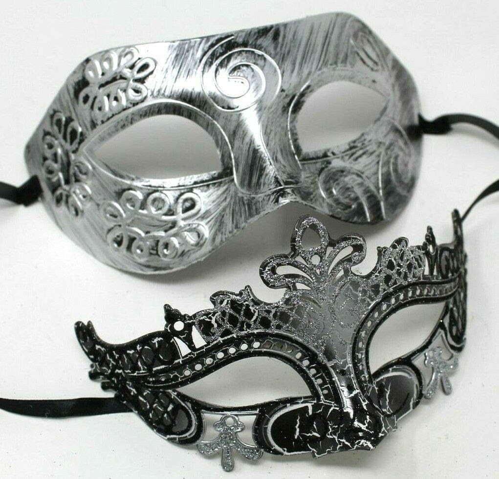 HIS N HERS PAIR OF CO-ORDINATED SILVER & BLACK COUPLES VENETIAN MASQUERADE CARNIVAL PARTY BALL EYE MASKS, Silver Black, 8cm deep - Image 3