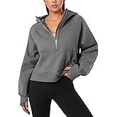 GIVON Womens Cropped Fleece-Lined Hoodie Quarter-Zip Pullover Sweatshirt with Thumb Hole