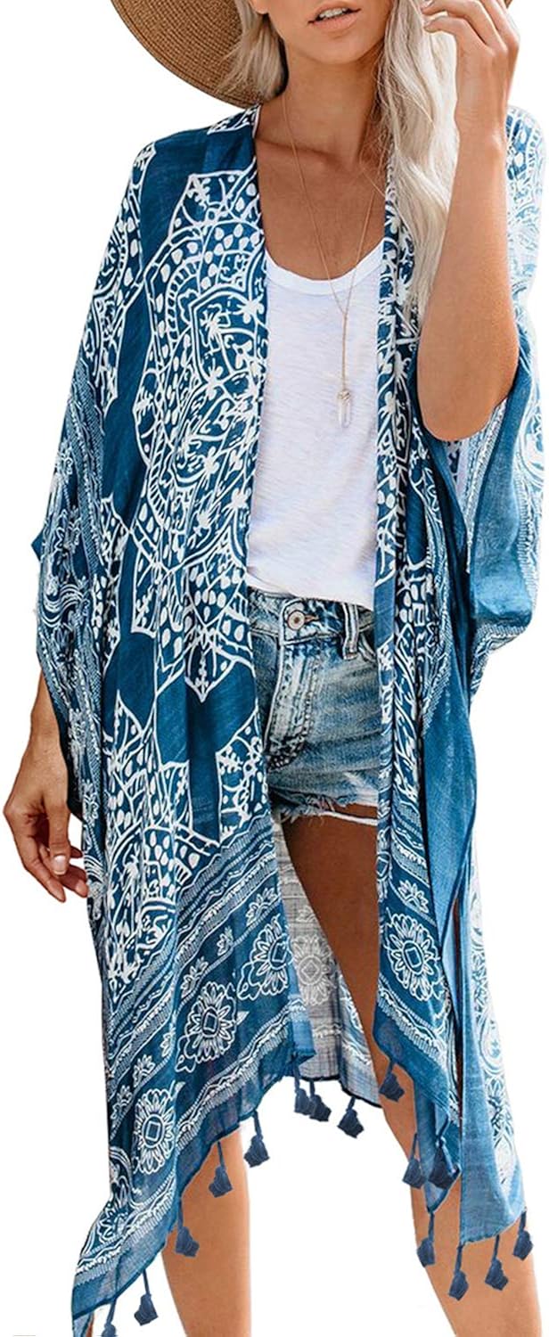 Dokotoo Womens Ladies Summer Fashion Print Short Sleeve Pop Pop Tassel Kimonos Autumn Casual Cardigans Bathing Suit Swimwear Swim Bikini Cover up Black at  Women’s Clothing store