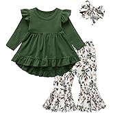 KuKitty Toddler Baby Girl Clothes Solid Color Long Sleeve Ruffle Tops Floral Bell-Bottoms Pants and Headband Outfits Set