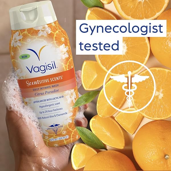 VAGISIL FEMININE WASH FOR INTIMATE AREA HYGIENE, SCENTSITIVE SCENTS, PH BALANCED AND GYNECOLOGIST TESTED, CITRUS PARADISE, 12 OZ (PACK OF 1)
