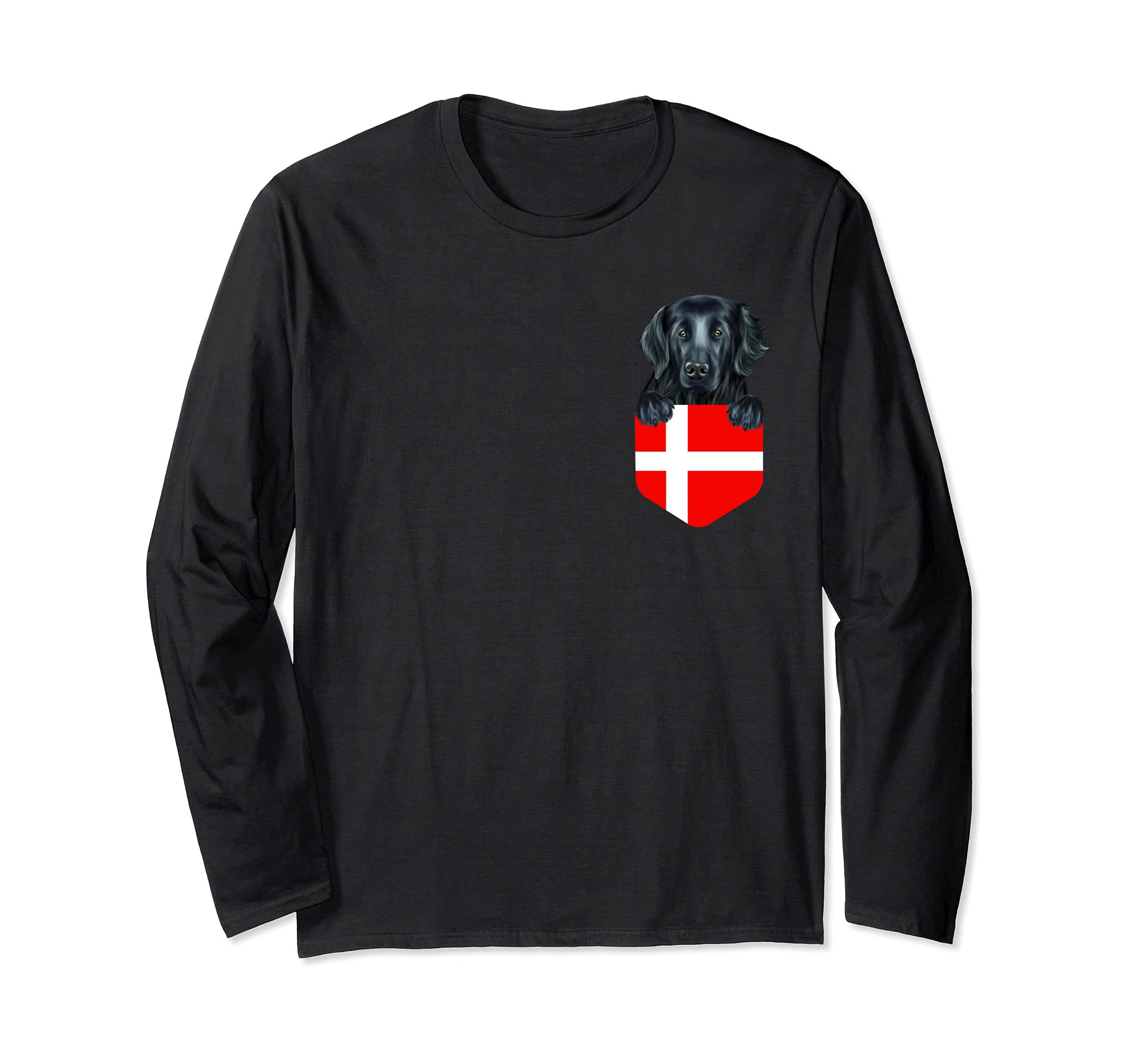 Denmark Flag Flat-Coated Retriever Dog In Pocket Long Sleeve T-Shirt