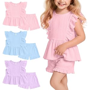 JoyMotion 3 Pack Toddler Girls Outfits | Baby, Cotton, Summer, 2 Piece Sets, Ruffled, Sleeveless Tops, Bloomers Shorts, Cute,