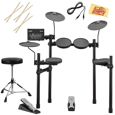Yamaha DTX452K Electronic Drum Set Bundle with Drum Throne, Drum Sticks, Aux Cable, and Austin Bazaar Polishing Cloth