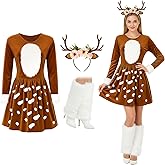Haysandy 4 Pcs Christmas Adult Deer Costume for Women, Deer Dress Reindeer Antlers Headband Fuzzy Leg Warmers