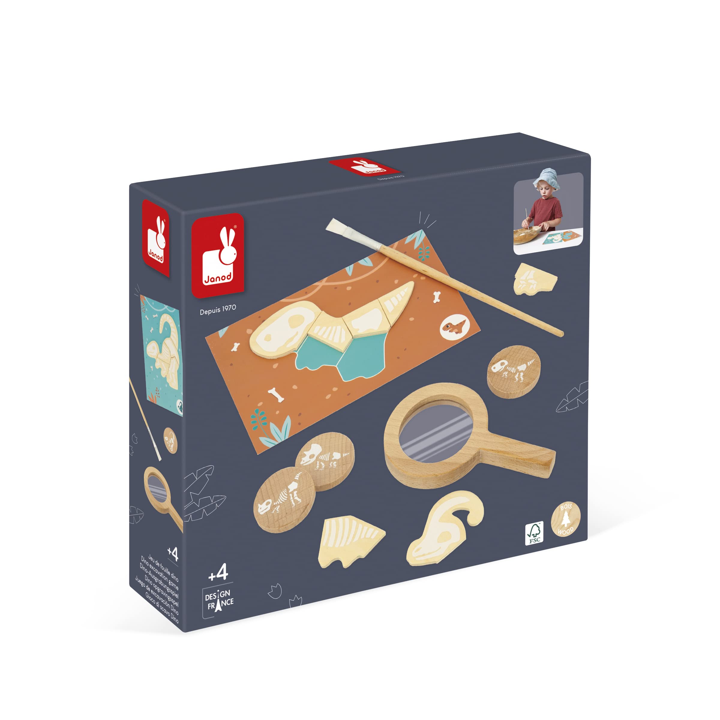 Janod - Dinosaur Excavation Game - 87 Accessories - Children’s Toy - Digging Kit w/Sand, Magnifying Glass & Bones - FSC Wood Game - 4 Years +, J05832