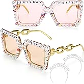 Hoteam 4 Pcs Birthday Decorations Including 2 Pcs Birthday Glasses Square Pearl Sunglasses 2 Pcs Pearl Rhinestone Birthday Headband for Women Girls Party Gifts Accessories