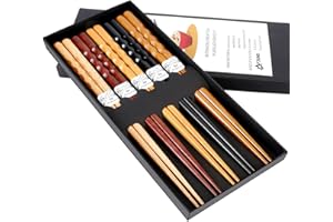 MFJUNS 5-Pairs Reusable Set of Chopsticks, Natural Wood Chopstick and Minimalism Japanese Chopsticks Non-slip Design 8.8 Inch/22.5cm Gift Set