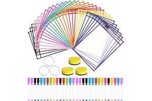 Nutsball Dry Erase Pockets Reusable Sleeves 30 Pack - Heavy Duty Oversized 10" x 14" Clear Plastic Sheet Protectors - Job Ticket Holders Assorted Colors - Teacher Supplies for Classroom