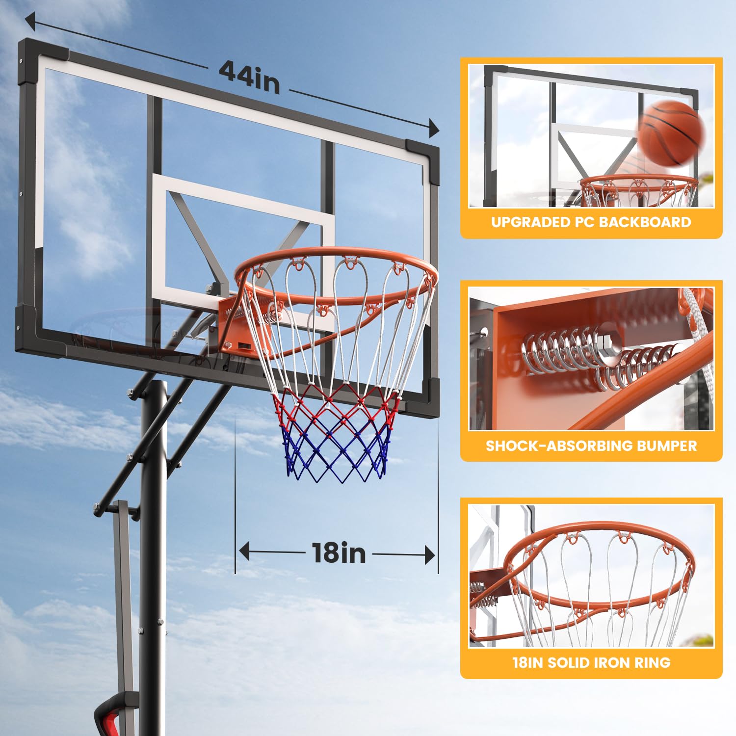 Basketball Hoop Outdoor 10 FT Height Adjustable Basketball Goals Systems Portable with 44