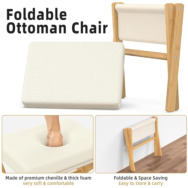 BAMBOOHOMIE FOLDABLE FOOT STOOL OTTOMAN, MODERN FOOT REST WITH BAMBOO X LEGS & THICK FOAM CUSHION, FOLDING FOOT STOOLS SMALL PADDED FOR BEDROOM LIVING ROOM, FOOTSTOOL FOR CHAIR COUCH (NATURAL – BEIGE)