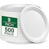 Uniecocus 9 inch Paper Plates Bulk 500 Pack, 100% Compostable Plates Heavy Duty Sturdy, White Plates Disposable Recycled Eco Friendly Biodegradable Sugarcane Plates