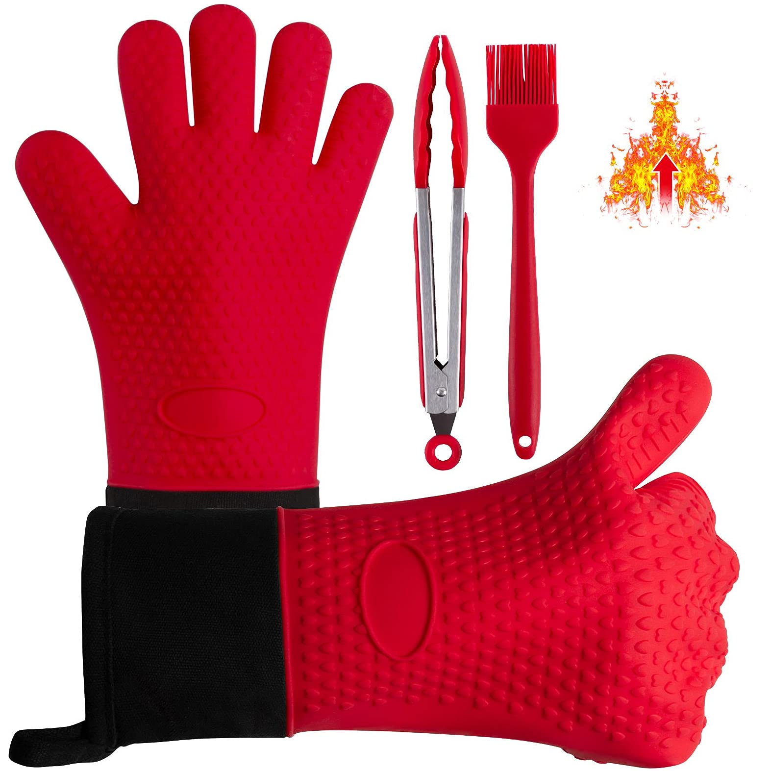 Boxalls Grilling Gloves Kit, Heat Resistant Silicone Oven Gloves with Grill Tong & Brush, BBQ Silicone Gloves Set for Grilling, Cooking, Baking and Kitchen (Red)