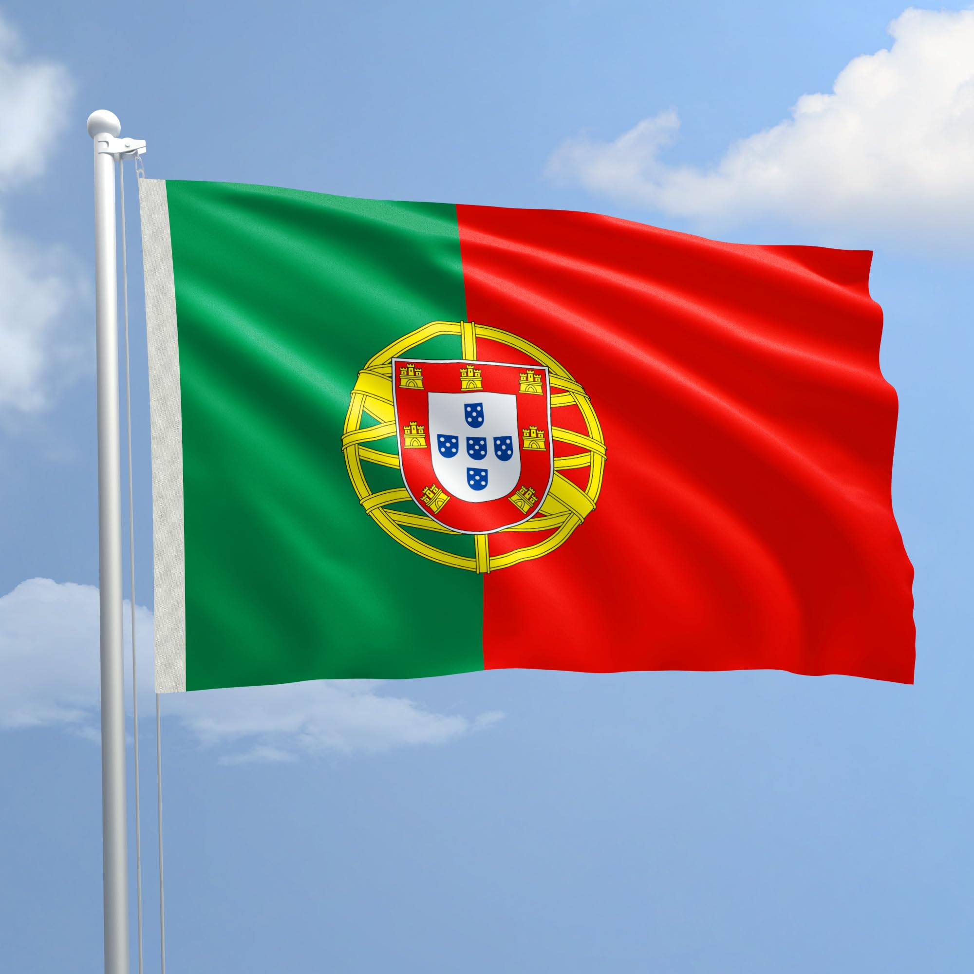 Flag PORTUGAL 150 x 220 cm in nautical polyester 115 g/m² with double perimeter fold, rope and sheath. FLAME RETARDANT B1 treatment suitable both IN/OUT DOOR - MADE IN ITALY