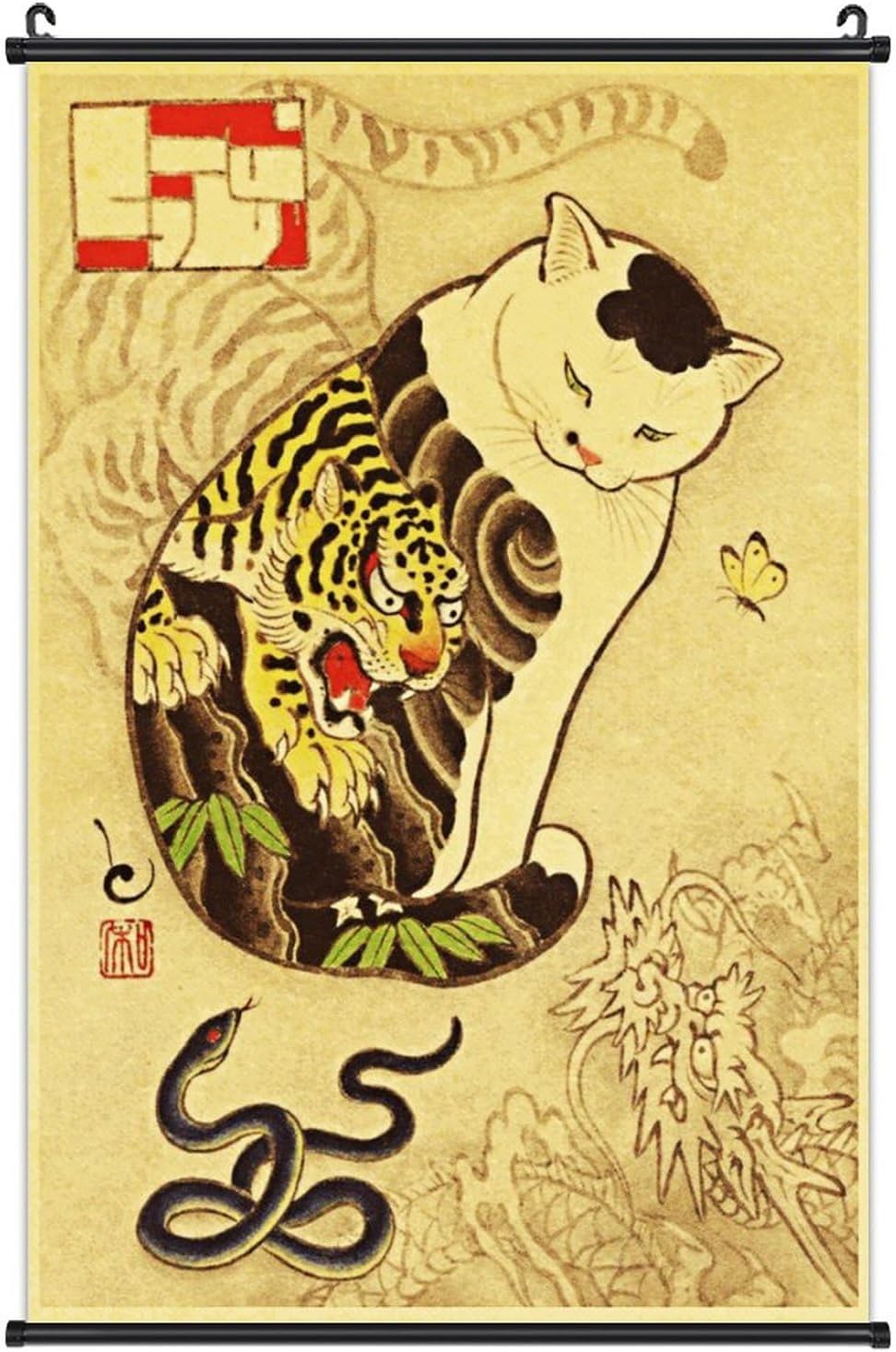 Paintings - A Wide Variety of Vintage Retro Japanese Samurai Cat Tattoo 13 Wall Scroll Hanging Decor（16x24 in）