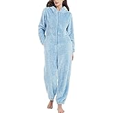 Kissonic Women's Onesies Pajamas Sherpa Fleece One Piece Romper Zipper Cute Hooded Jumpsuit Pajama Loungewear