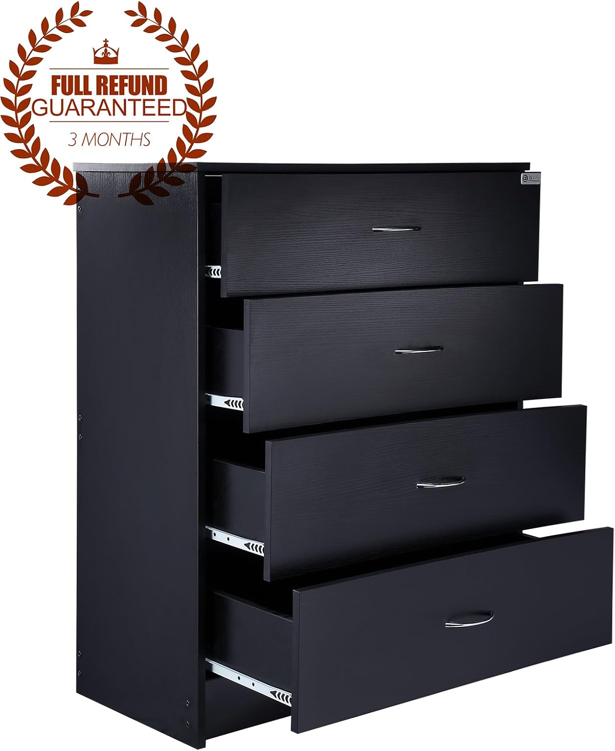 Chest of 4 Drawers, Wooden, Black, L 29.5" / W 14" / H 35.5" / 62 lb