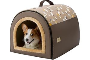 Jiupety Indoor Dog House, 2-in-1 Portable Foldable House Bed with Cover, Pet Tent & Cave Bed for Medium Dogs, XL(28"×21"×19"), Up to 40 Lb, Brown