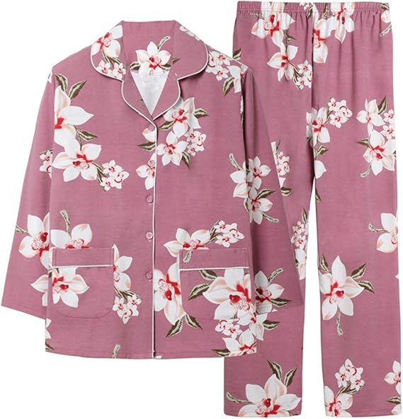 Amazon レディース 大きい 春 夏 秋 ルームウェア コットン パジャマ 部屋着 前開き 花柄 二点セット 上下 長ズボン 長袖 40代 50 代 薄手 軽量 着心地良い 寝間着 寝巻き 洗濯可 母の日 母親の誕生日 パジャマ ルームウェアセット 通販