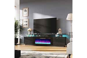 Jocisland 90" High Gloss 2 Tier TV Stand with 50" Electric Fireplace, Modern Luxury Large Entertainment Center/w LED Lights, 