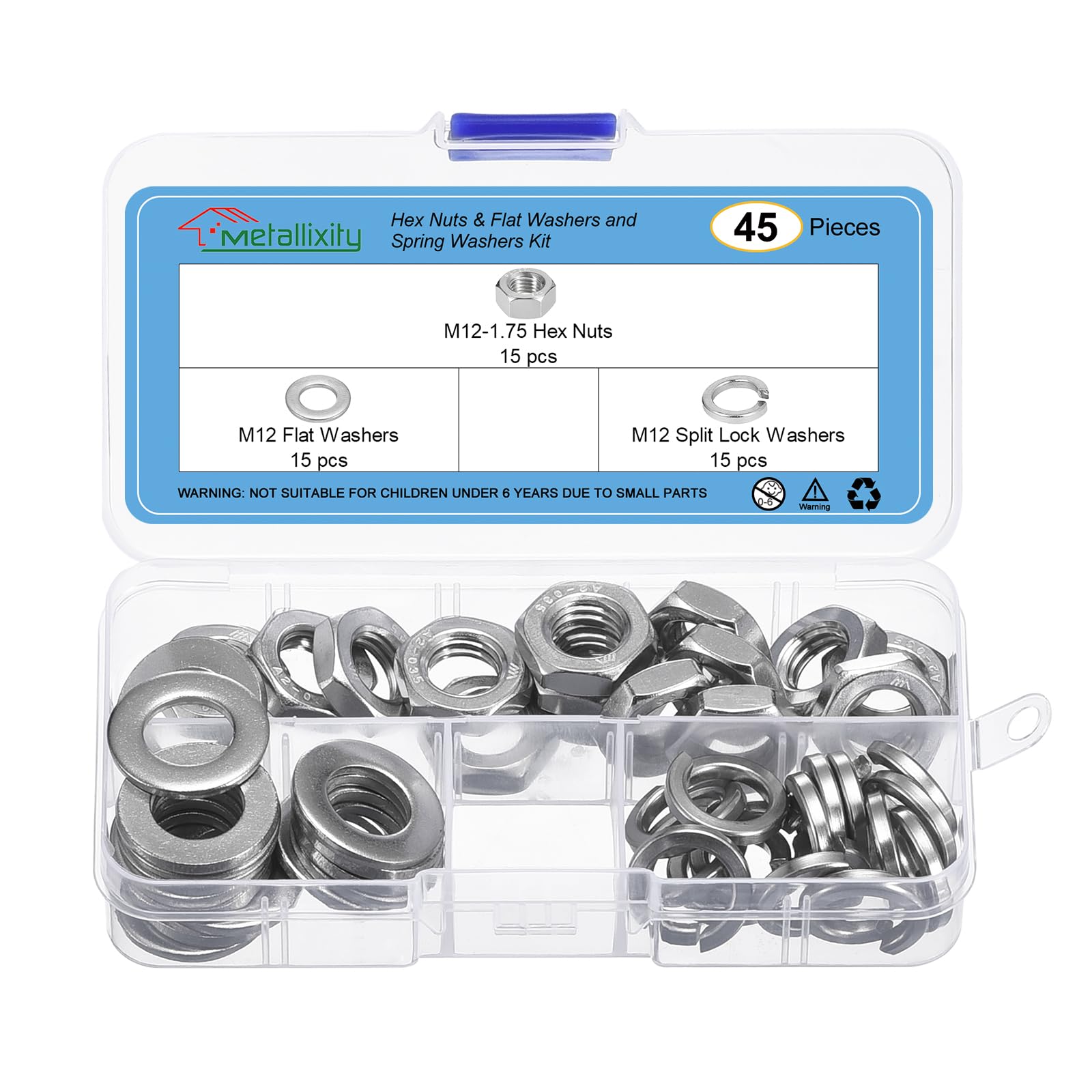 METALLIXITY Hex Nuts Assortment Kit (M12-1.75 Hex Nuts with M12 Flat Washers & Split Lock Washers) 45Pcs, 304 Stainless Steel Hexagon Nut Hardware Kit