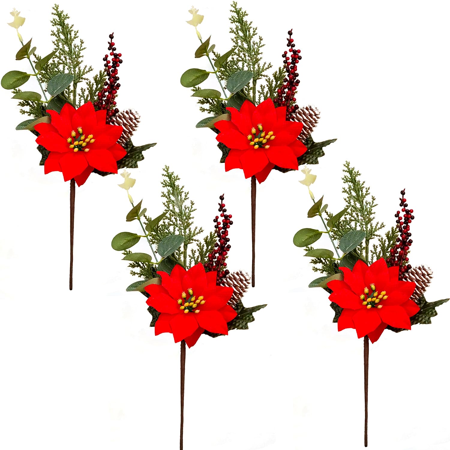 KKSTY 4 Pcs Artificial Poinsettias Stems, 13.78'' Christmas Flowers Picks with Pine Leaves Berries and Pinecone for Xmas Tree Decoration Vase Filler Holiday Home Décor (Red)