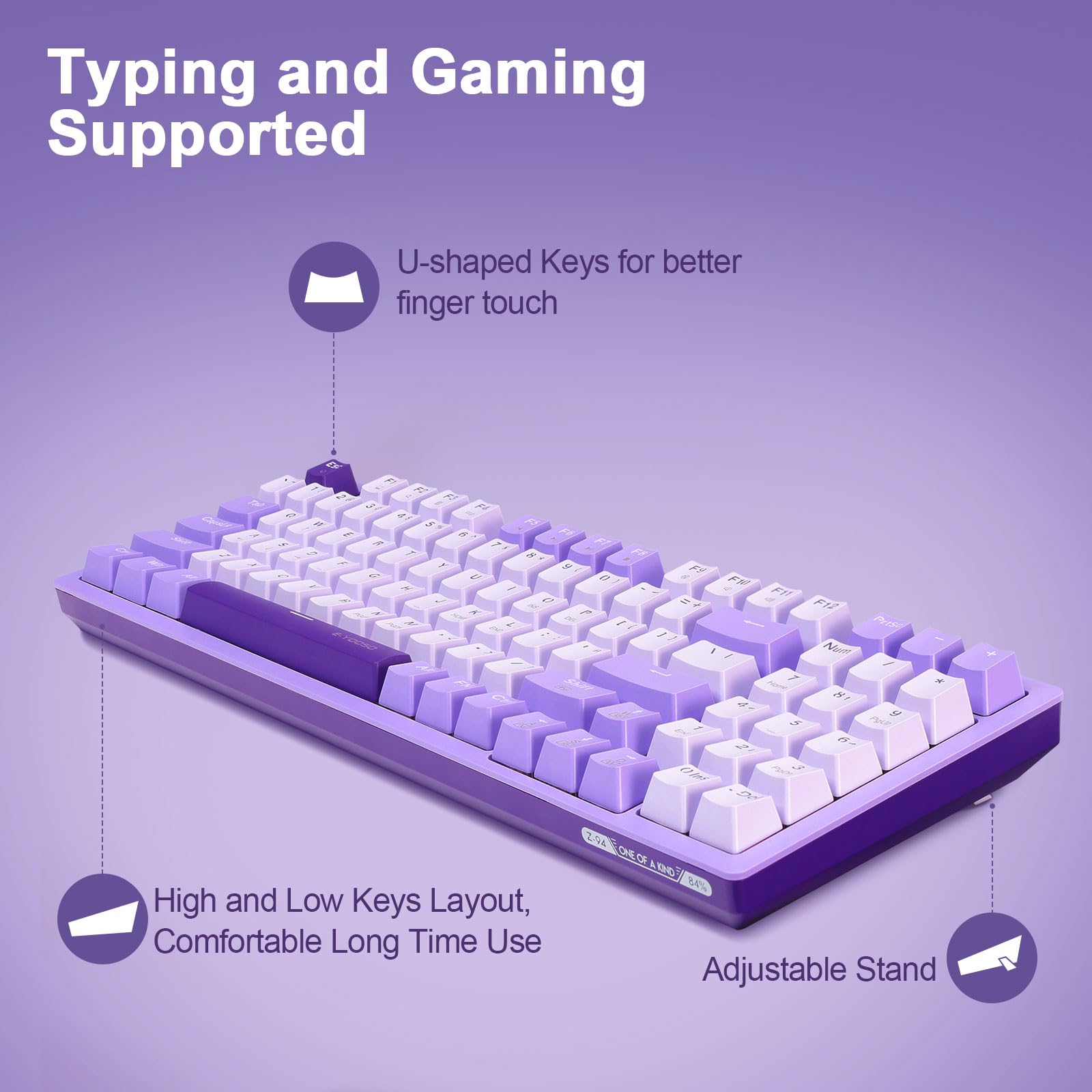 HUO JI Mechanical Gaming Keyboard USB Wired Compact with Number Pad, Purple Led Backlit, Blue Switch, Detachable Type C Cable, 94 Keys for PC/Computer/Laptop, White and Purple