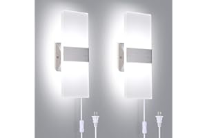 TRLIFE Modern Wall Sconces Set of 2, Wall Sconce Plug in 12W LED 6000K Cool White Acrylic Wall Mounted Light Wall Lights with 6FT Plug in Cord for Bedroom Bedside Stairway(2 Pack, Silver)