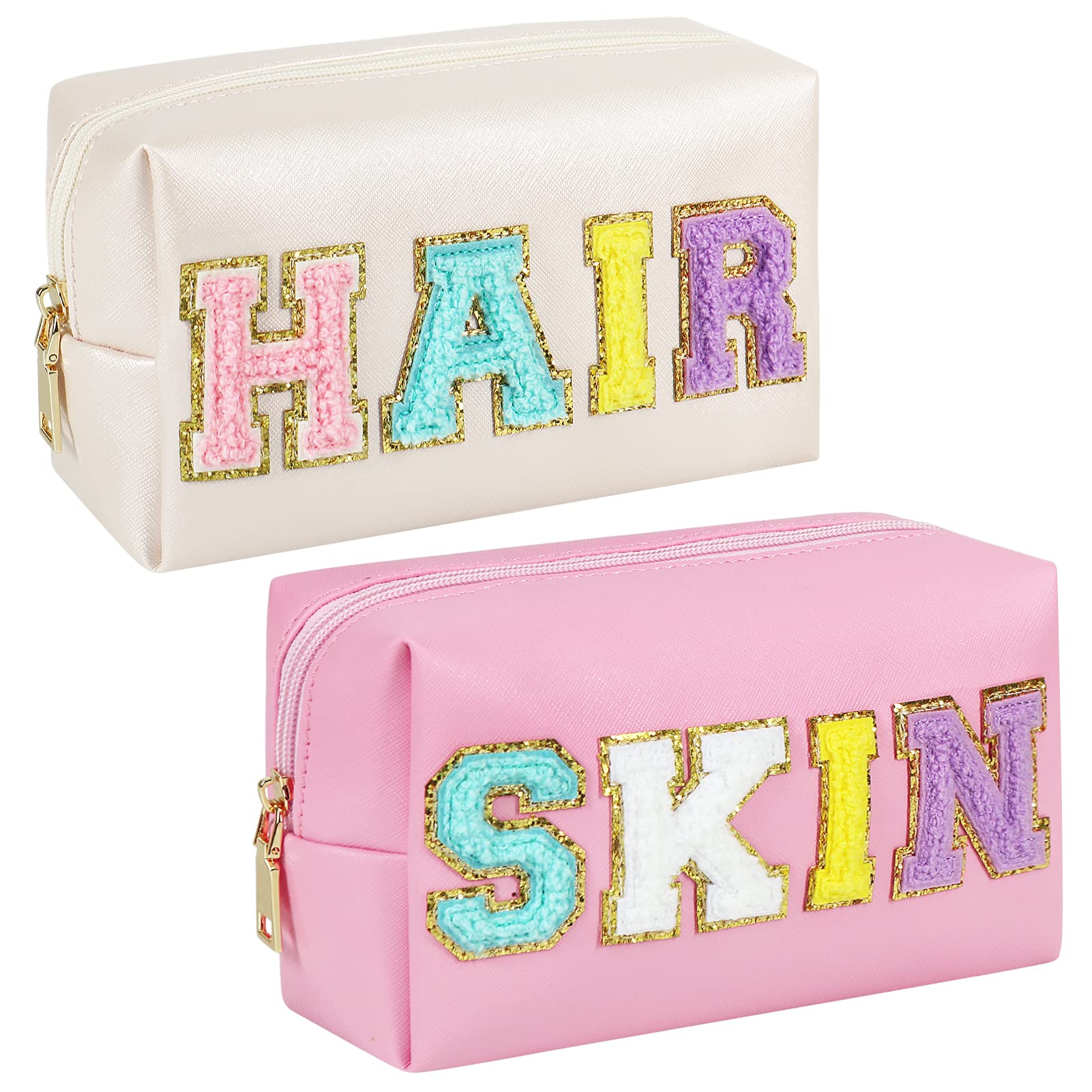 GINOYA Preppy Makeup Bag, 2pcs Synthetic Leather Patch Cosmetic Bags Toiletry Bag with Skin Hair Chenille Letter for Travel (Pink, Cream)