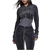 GORGLITTER Women's Zip Up Cropped Hoodie Trendy Fall Long Sleeve Velvet Cinched Waist Fashion Hooded Sweatshirt Jacket