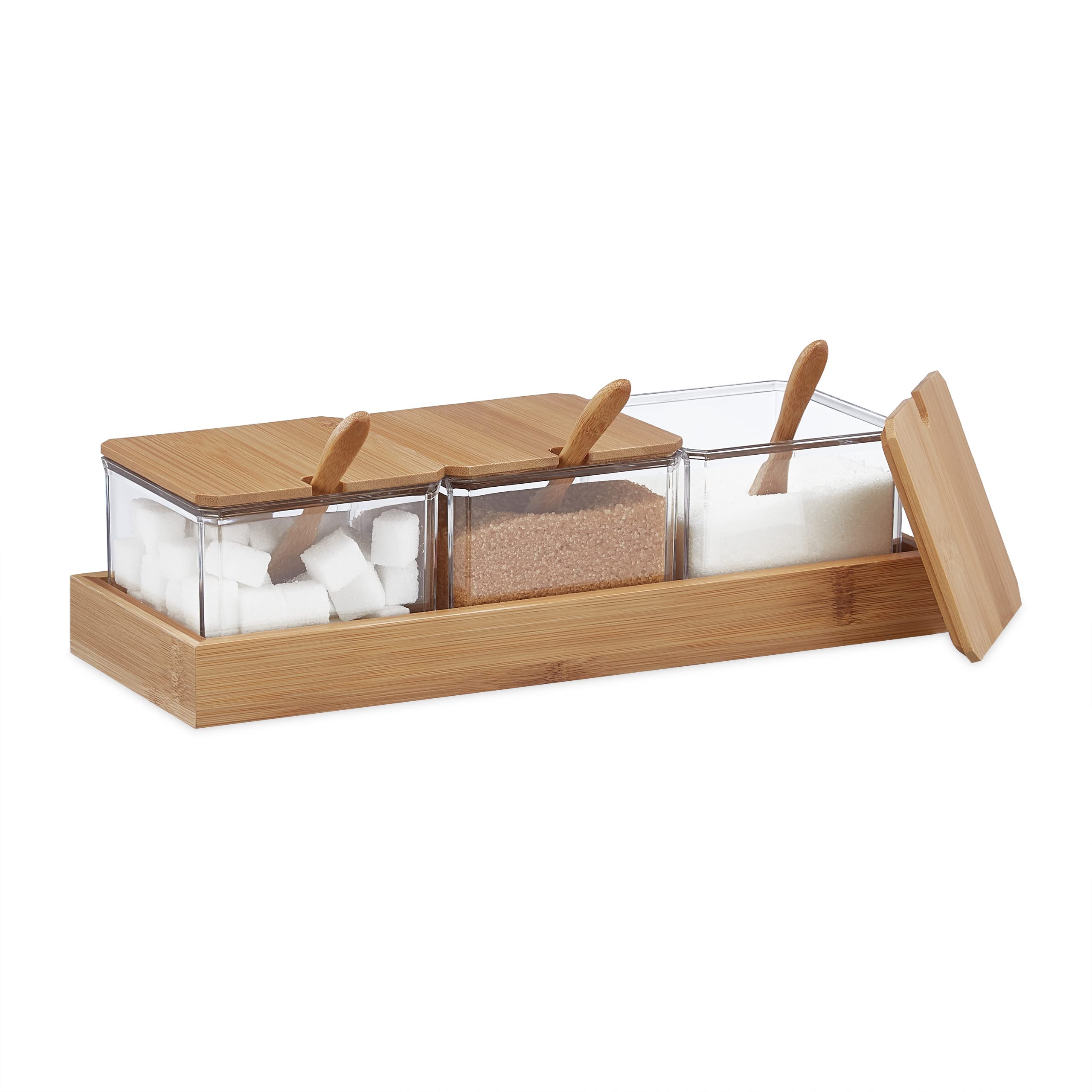 Relaxdays Set of 3 Spice Jars, with Tray, Spoons, Lids, Bamboo & Plastic, Container for Herbs, 11x30x13 cm, Clear/Brown