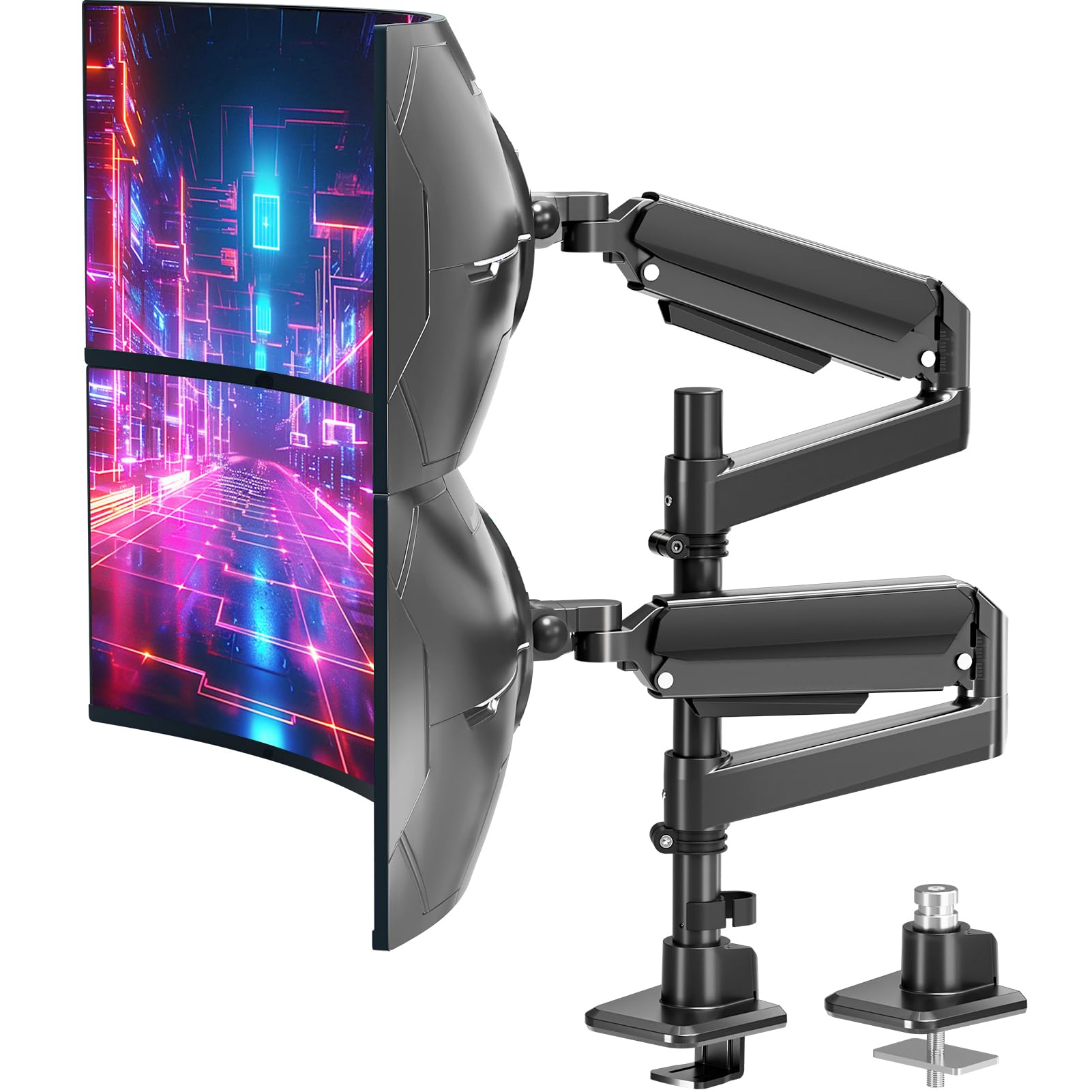 Photo 1 of MOUNT PRO Dual Monitor Arm for Max 49" Ultrawide Screens up to 44 lbs, Heavy Duty Extra Tall Monitor Desk Mount, Vertical Stacked Adjustable Dual Monitor Mount, VESA Mount 75x75mm/100x100mm